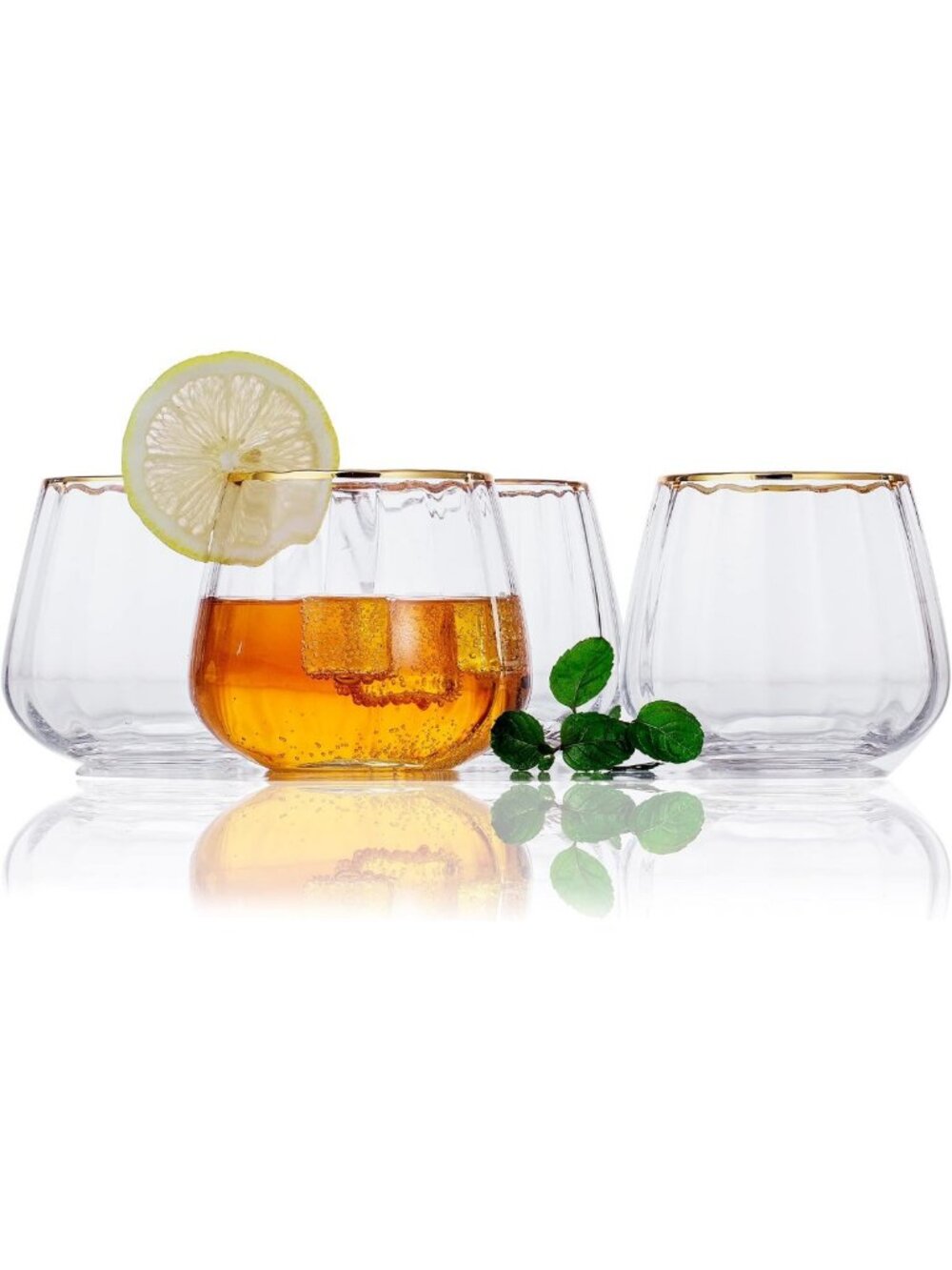 Elegant Stemless Wine Glasses Set of 4 - Gold Rim, Perfect for Red & White Wine